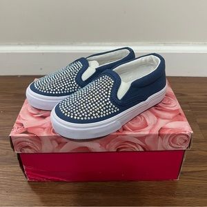 NIB Lelli Kelly Blue Rhinestone Stella Slip On Sneakers Size 26 EU 9 US